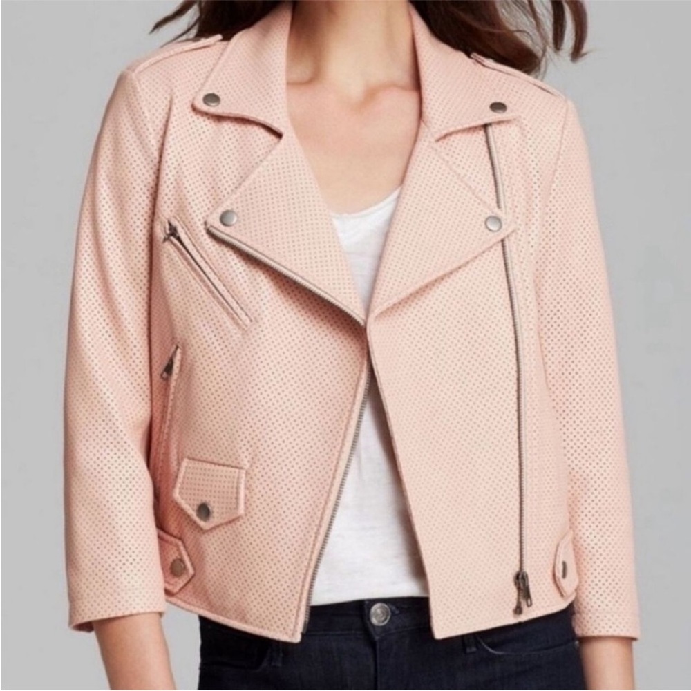 Rebecca Minkoff Pink Leather Moto Jacket with Asymmetrical Zipper